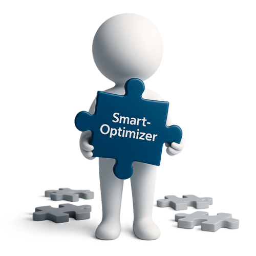 Männchen mit Puzzleteil und Smart-Optimizer Aufschrift